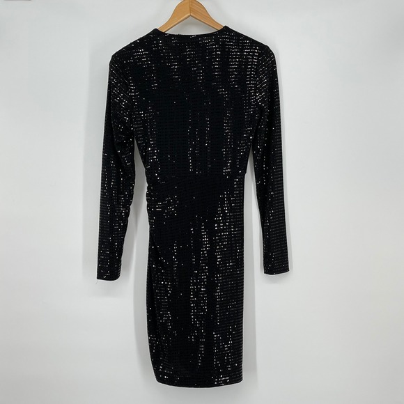 Zara Black Sequin Long‎ Sleeve Mini Dress Ruched Bodycon Size XS Party Holiday - Picture 2 of 5